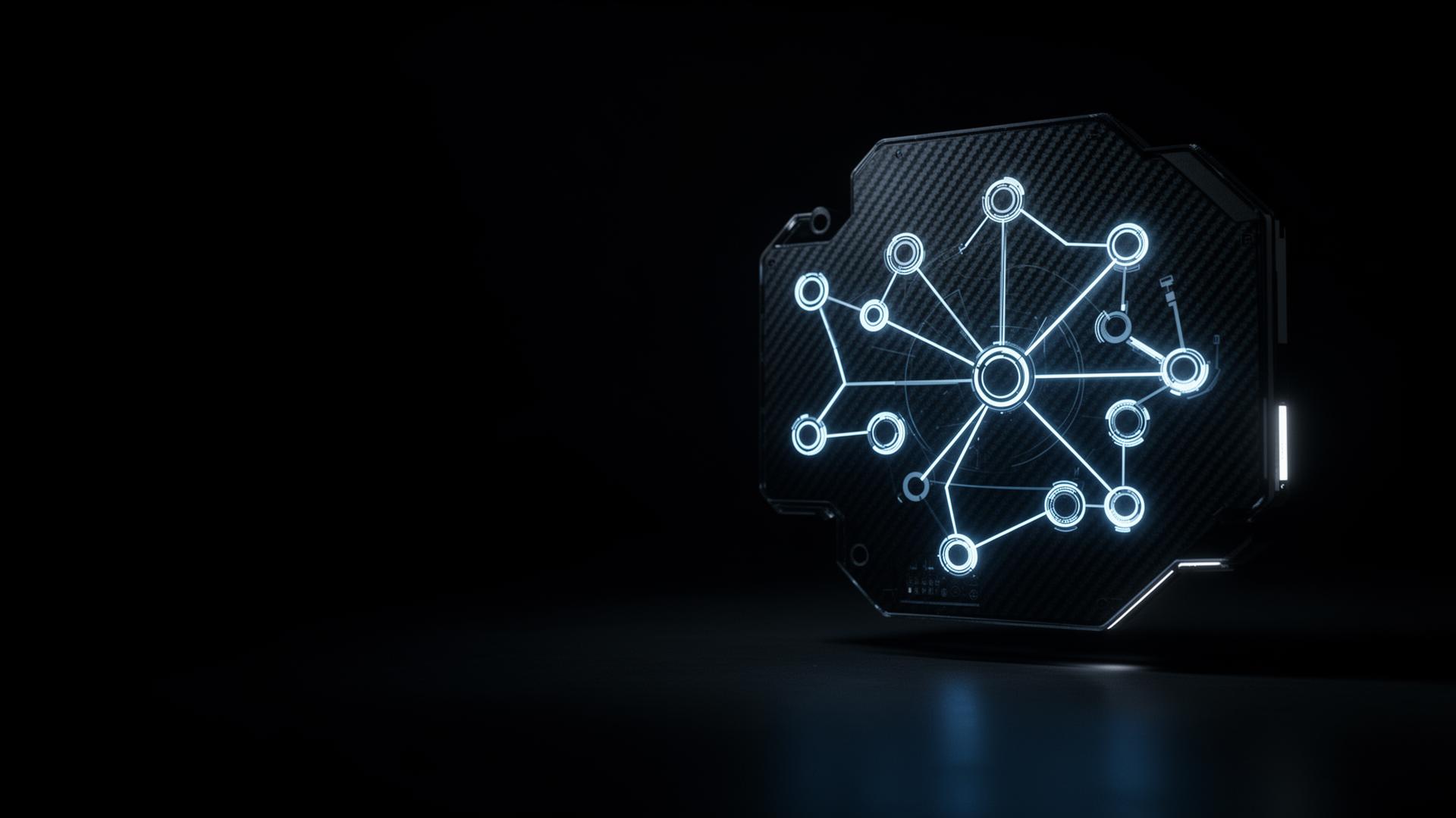 Abstract glowing process flow diagram on a dark carbon-fiber surface, representing FollowLean's visual process mapping.